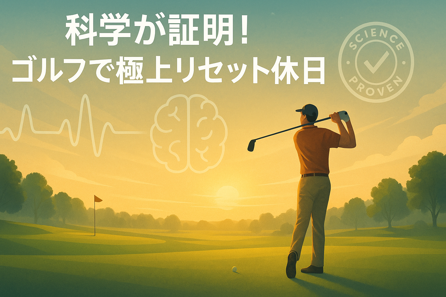 黄金色の朝焼けのゴルフコースでドライバーを振り切るゴルファーと、背景に心電図波形や脳のイラスト、右上の「SCIENCE PROVEN」バッジ、上部に「科学が証明！ゴルフで極上リセット休日」の白文字。