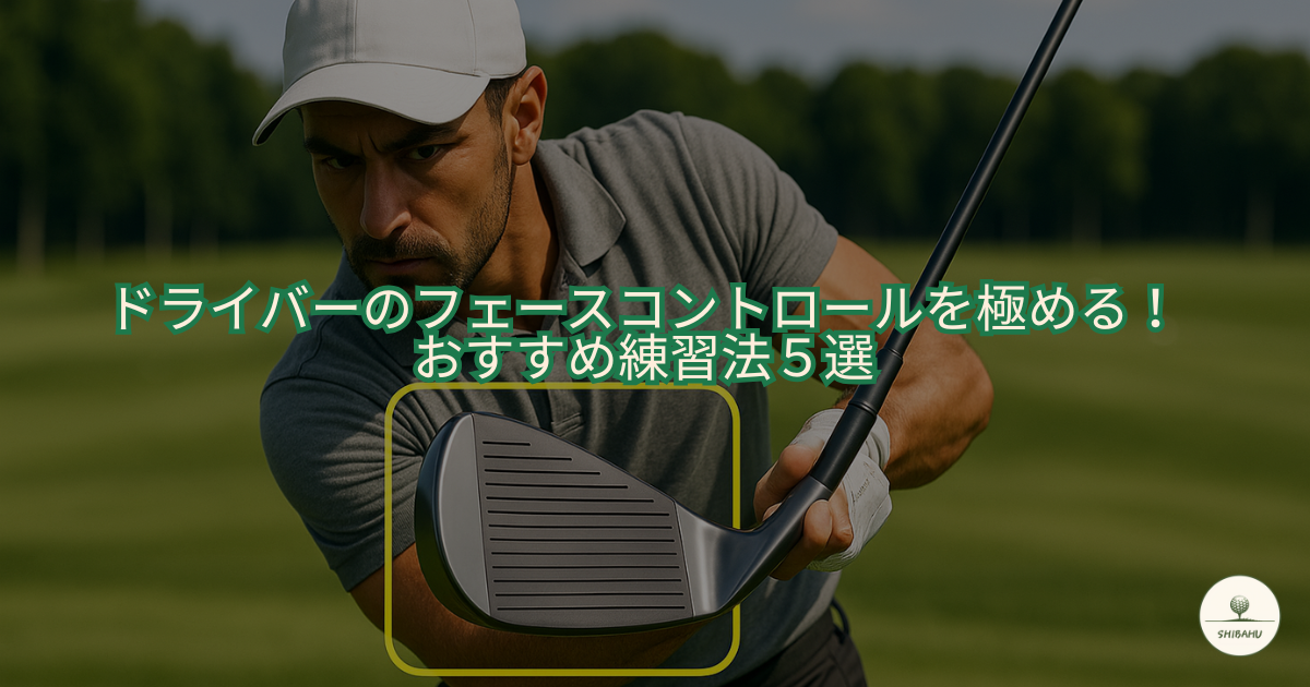 ドライバーを構えたゴルファーが、フェース面を目の前にアップで見せながら集中して打とうとしている様子。背景は緑のフェアウェイが広がり、中央には「ドライバーのフェースコントロールを極める！おすすめ練習法5選」という文字が重ねられている。