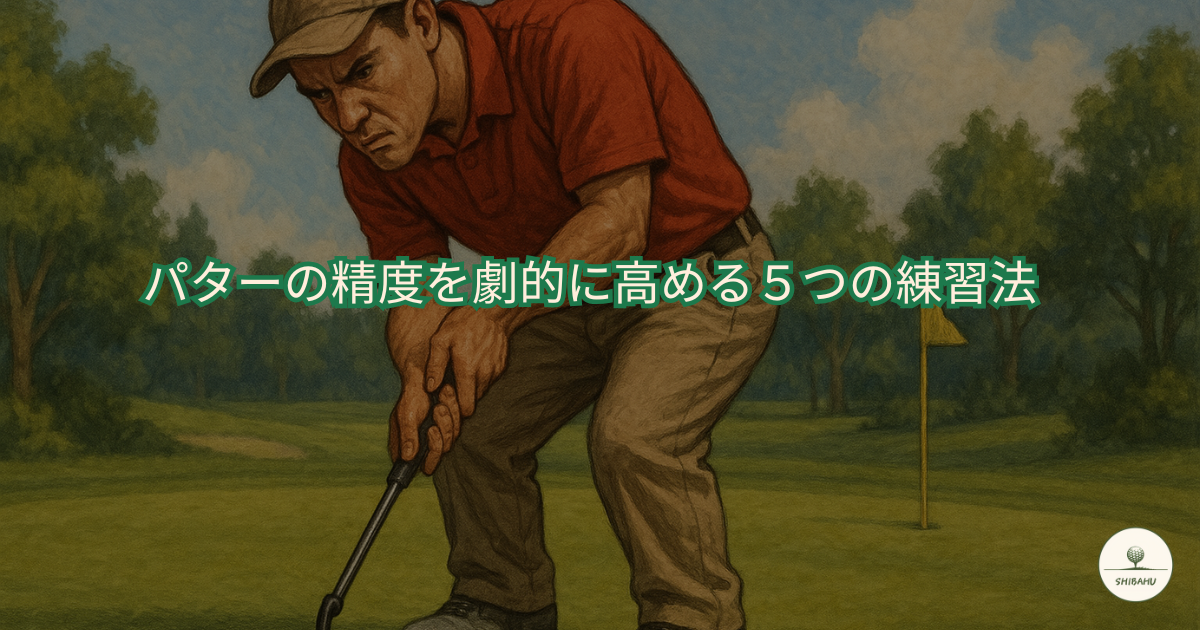 パターの練習に集中するゴルファーがグリーン上で真剣な表情でボールを狙うイラストに、緑の縁取りで「パターの精度を劇的に高める５つの練習法」というタイトル文字と、右下にSHIBAHUのロゴが重ねられている画像。